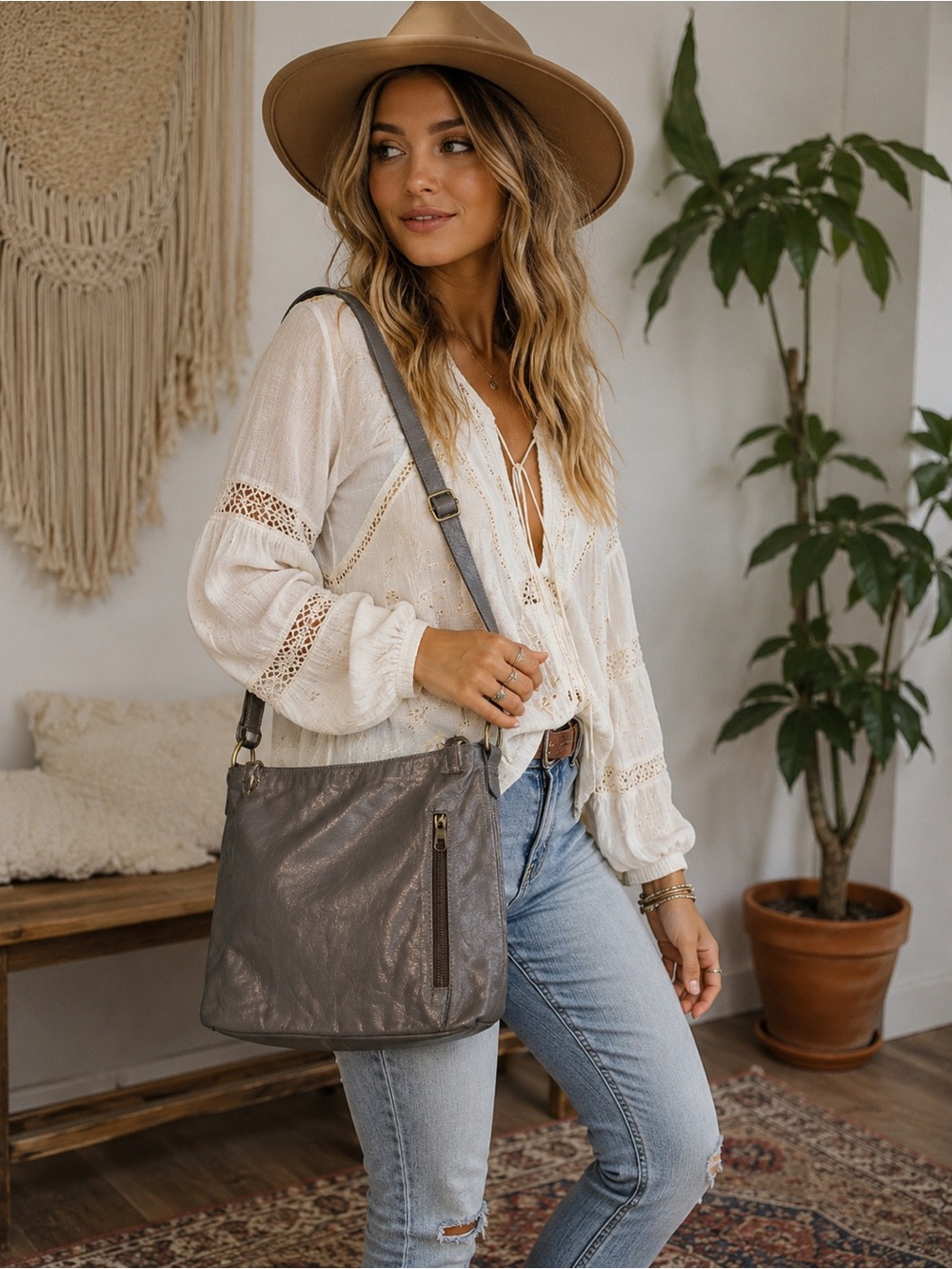 Latico Leather Crossbody Bag Slate Gray NWT Genuine Leather Boho
